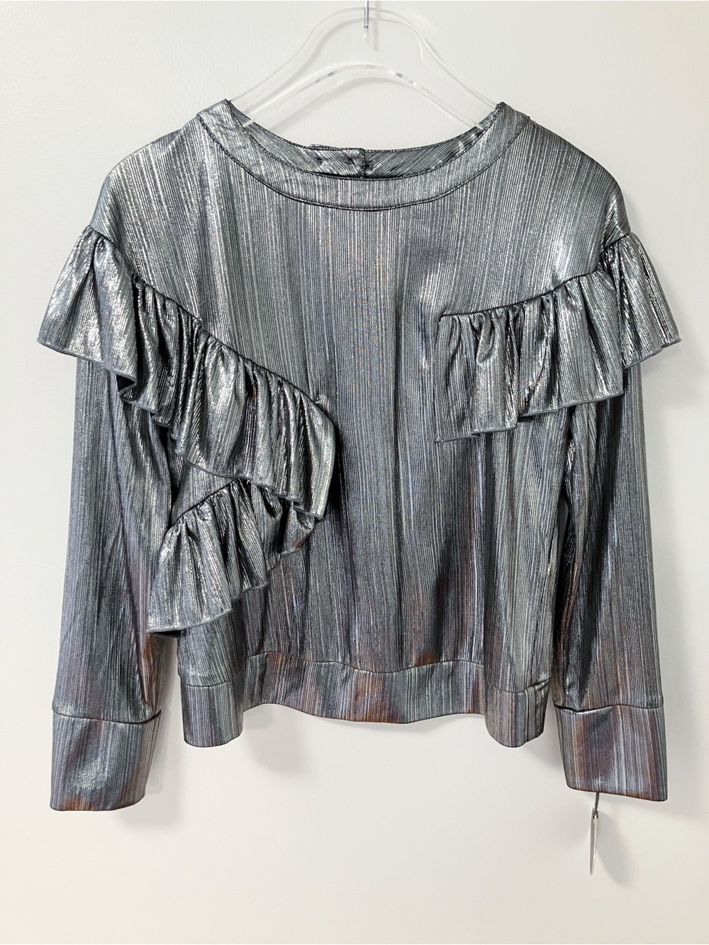 Eva Franco | Silver Shimmer Yara Ruffle Top XS Boho Chic Festive Party New Years
